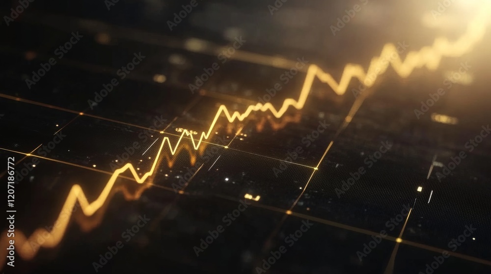 Fototapeta premium A glowing line chart with a golden line trending upward, set on a textured black background for a sense of luxury and financial growth