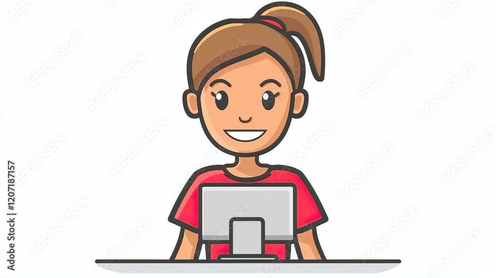 An icon showing a receptionist behind a computer with a friendly expression. stock photo An icon showing a receptionist behind a computer with a friendly expression. stock photo