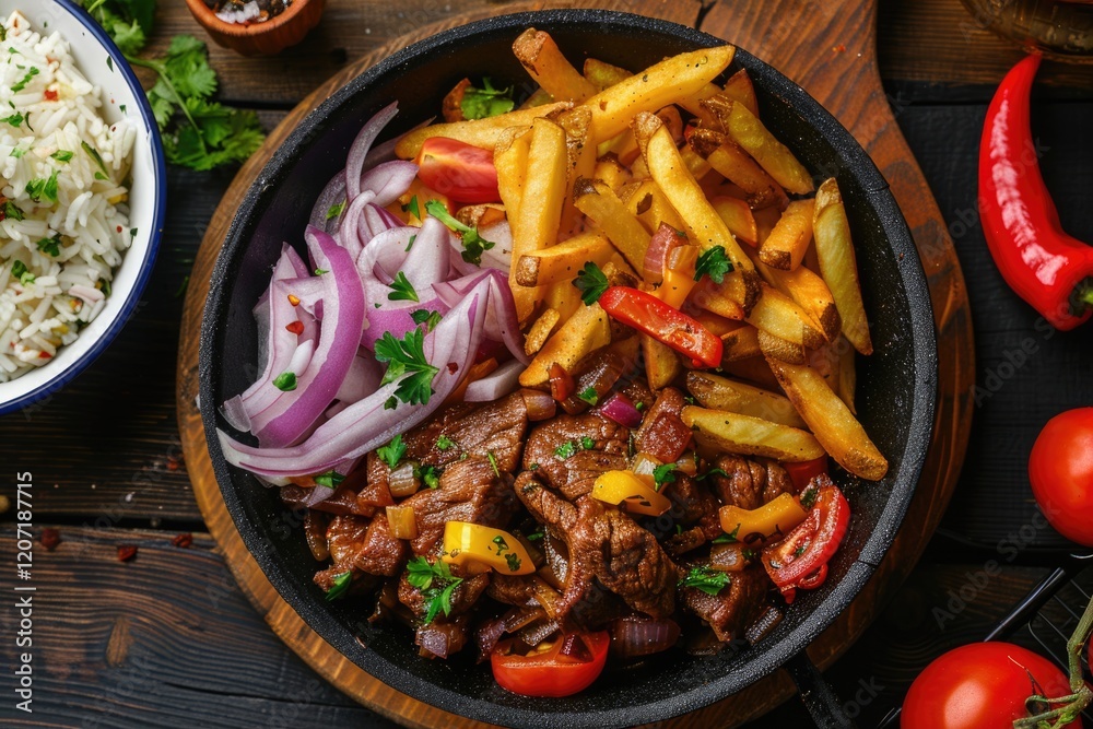 Peruvian dish Lomo saltado with beef vegetables fries rice.