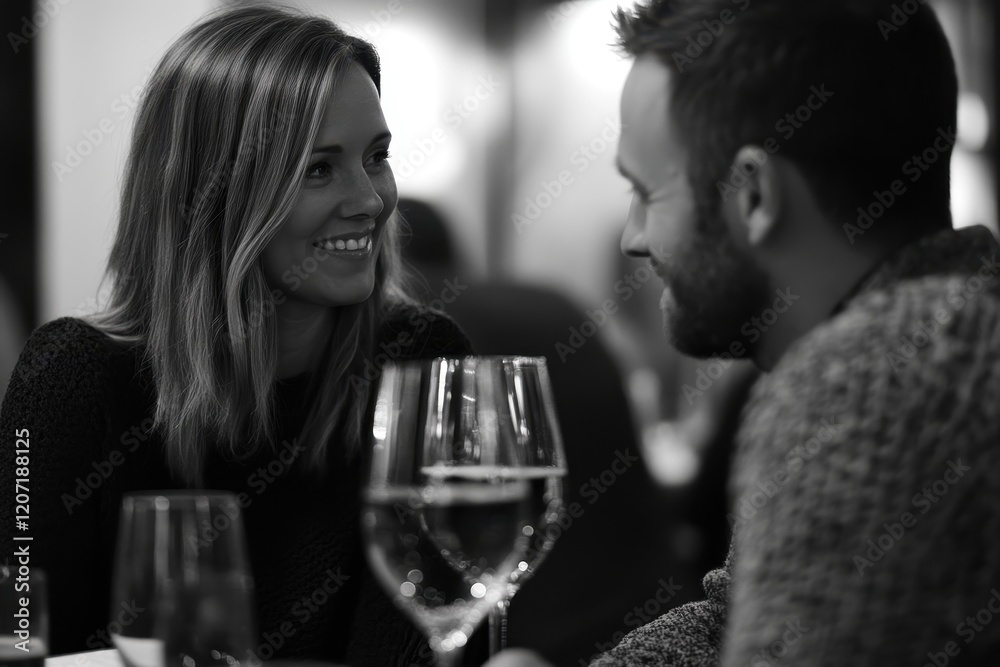 Couple enjoying a romantic dinner in a softly lit restaurant setting Couple enjoying a romantic dinner in a softly lit restaurant setting