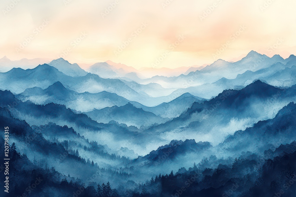 Misty mountain range with ethereal light breaking through clouds, the scene softly captured in watercolor. Misty mountain range with ethereal light breaking through clouds, the scene softly captured in watercolor.