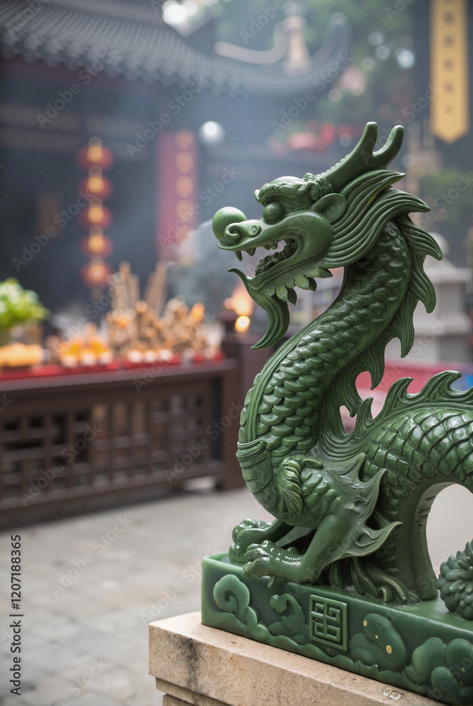 Fototapeta premium Green dragon statue outdoors at a cultural site