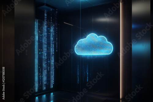 Icon cloud in server room, Abstract concept of cloud computing, symbolizing the connection technology. photo