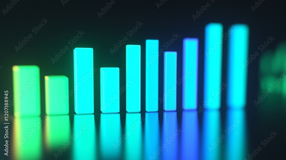 A high-tech D bar graph with glowing neon bars in shades of blue and green, on a reflective surface, creating a modern, futuristic data look A high-tech D bar graph with glowing neon bars in shades of blue and green, on a reflective surface, creating a modern, futuristic data look