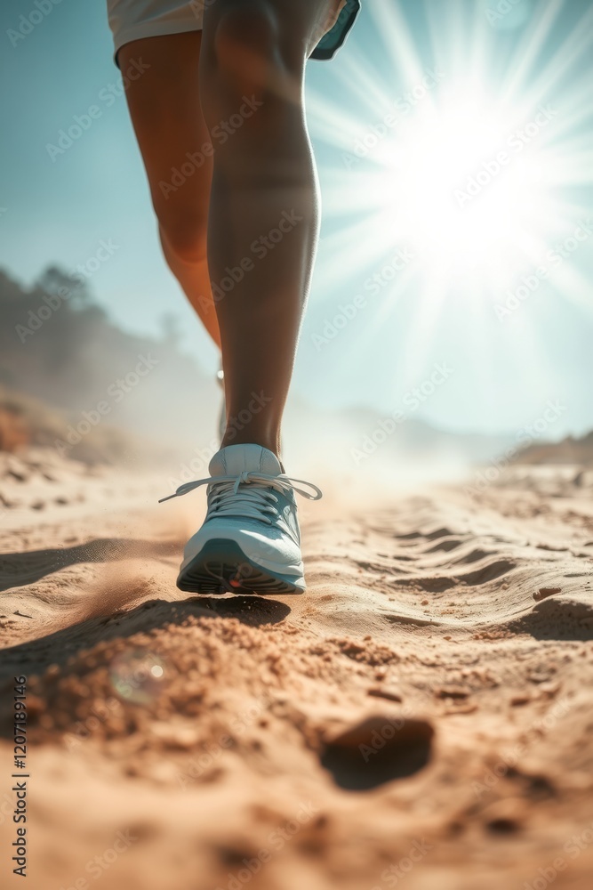 Naklejka premium Runner's legs and feet on sandy trail, sun shining bright. Dust kicks up as they run.