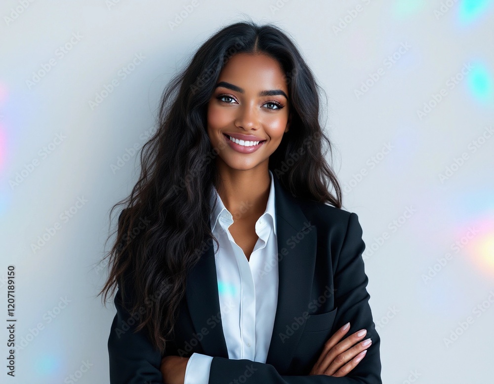 Confident businesswoman with charming smile in a suit posing professionally Confident businesswoman with charming smile in a suit posing professionally