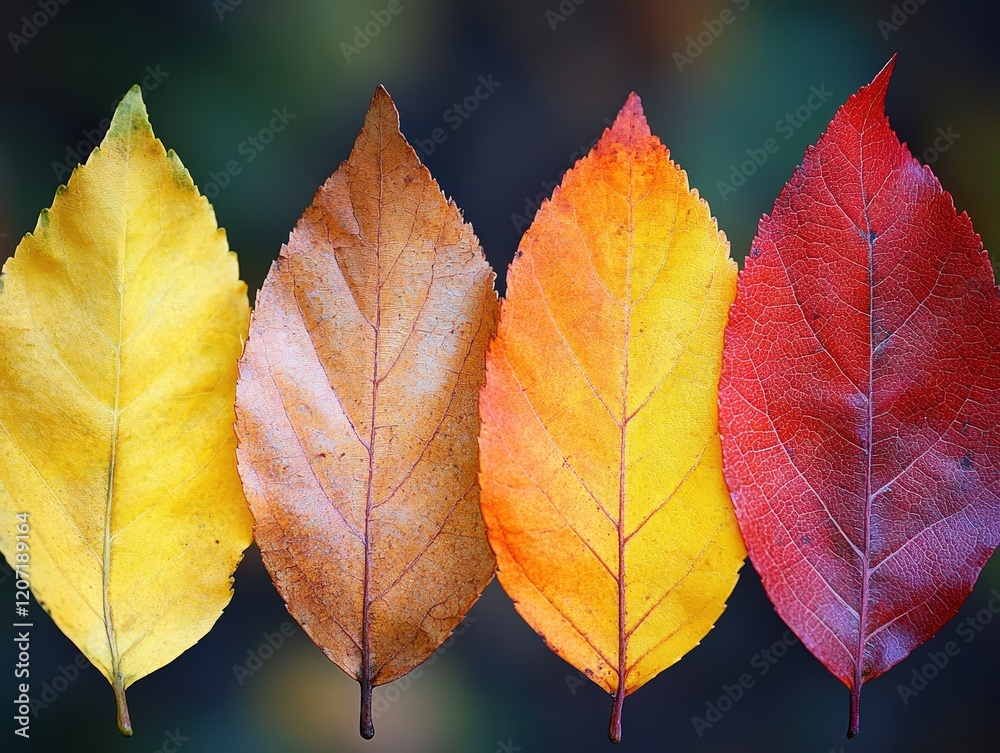 Obraz premium Four autumn leaves in gradient colors from yellow to red.