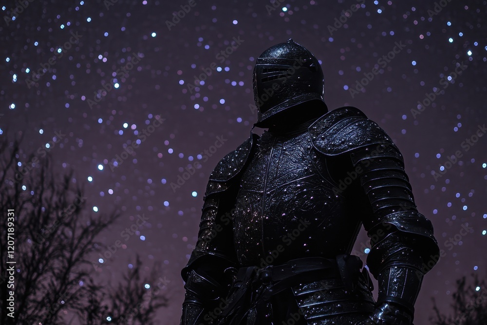 Fototapeta premium Medieval knight stands under a starry night sky in a tranquil outdoor setting