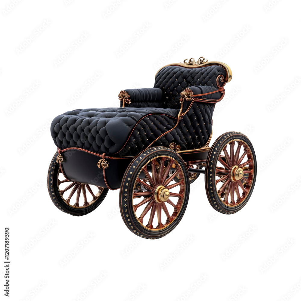Naklejka premium Luxurious Vintage Horse-Drawn Carriage with Black Leather Upholstery and Ornate Gold Accents