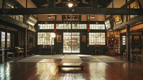 The image is a beautiful shot of a traditional Japanese dojo. The dojo is made of wood and has a high ceiling. The floor is covered with tatami mats.