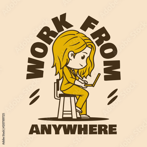 chibi illustration of a woman sitting on a chair operating a laptop. Work from anywhere