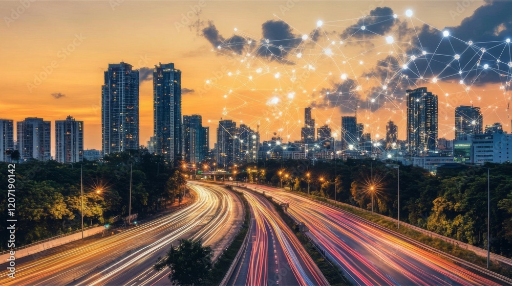 Vibrant Cityscape at Sunset with Highway Traffic and Network Connections Vibrant Cityscape at Sunset with Highway Traffic and Network Connections