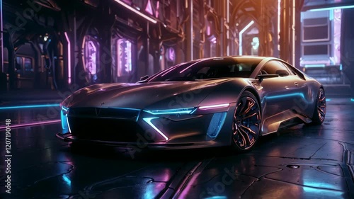 A glossy, futuristic sports car, gleaming with gold, stands on a dark reflective floor under the glow of neon lights. Futuristic architecture and high-tech urban environment in the background.