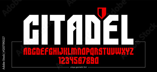 Bold and massive heavy geometric font for logo creation, modern geometrical vector display typeface, typography with no round elements, only corners and straight lines geometry.
