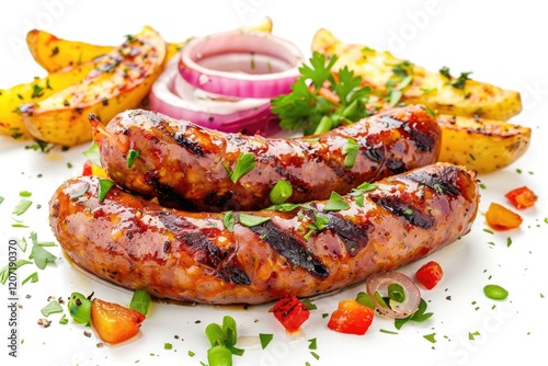 Salchipapa  peruvian grilled and sliced fresh pork sausage  potato fry on white background