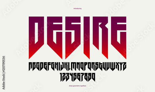 Sharp and bold tall gothic font for logo creation of for headlines, edgy geometric modern vector condensed typeface, heavy metal and hard rock style alphabet with numbers.