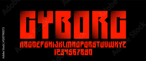 Halftone dotted futuristic cyberpunk font for logos and posters, vector brutal industrial typeface alphabet letters and numbers, urban technic future typography.