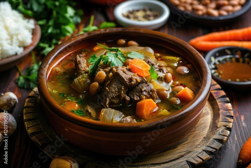 Peruvian goat stew with beans on wooden background. photo