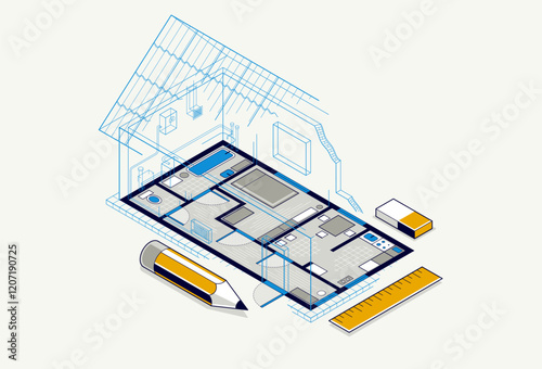 House floorplan drawing with pencil, residential home building blueprint, 3D isometric vector illustration, interior design project top view with roof, family house.