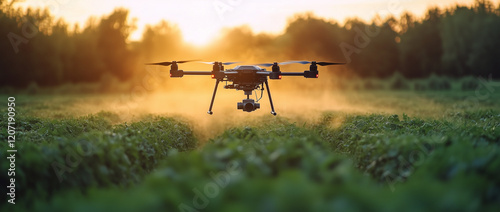 A drone with an integrated water spray gun flies over the field