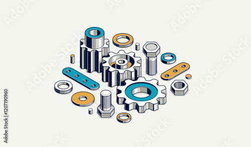 Mechanical engineering concept, gears and cogs composition isometric 3D vector illustration, cogwheels system technology and technics machinery engine.