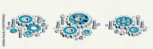 Mechanical engineering concept set, gears and cogs composition isometric 3D vector illustration, cogwheels system technology and technics machinery engine.