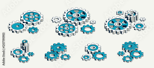 Mechanical engineering concept set, gears and cogs composition isometric 3D vector illustration, cogwheels system technology and technics machinery engine.