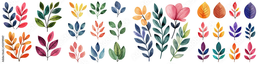 Obraz premium Colorful watercolor leaves and flowers in various shapes and sizes, isolated on transparent background.