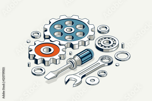 Repair and maintenance concept, technics service, gears and tools in 3D isometric projection vector illustration, technical mechanical workshop.