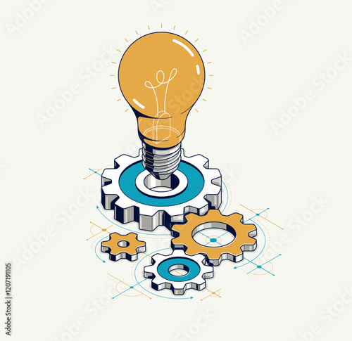 Engineering idea concept, innovation, invention and solution metaphor, light bulb with gears vector 3D isometric illustration, mechanical engine works.
