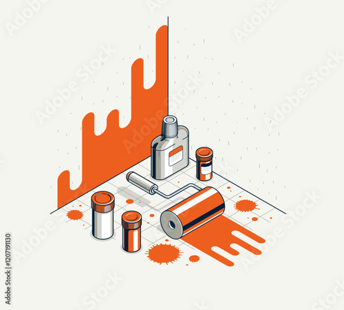 Painting walls service interior vector 3D isometric illustration, job professional renovation, residential flat renovate, apartment or house interior decoration.