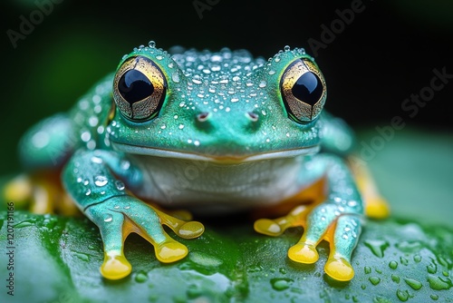 A colorful tree frog clinging to a branch under moonlight. Generative AI photo