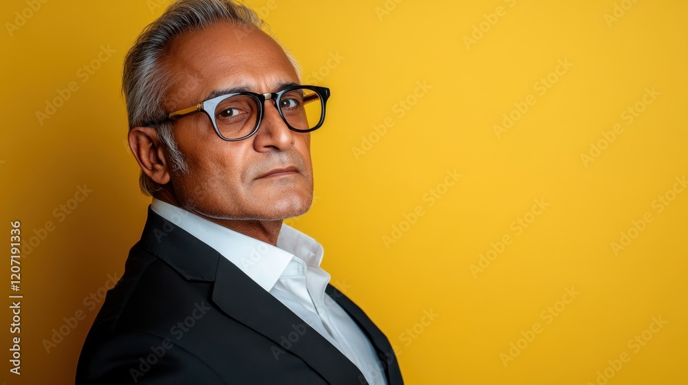 Confident mature caucasian male in suit with glasses against yellow background Confident mature caucasian male in suit with glasses against yellow background