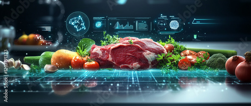A food technology concept featuring a futuristic food neon hologram and digital display with meat products on the table in a laboratory or secret lab