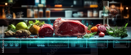 A food technology concept featuring a futuristic food neon hologram and digital display with meat products on the table in a laboratory or secret lab