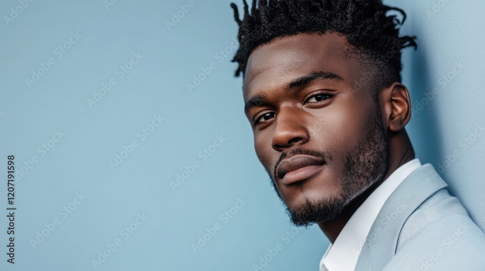 Obraz premium Confident young african male in blue suit against plain background
