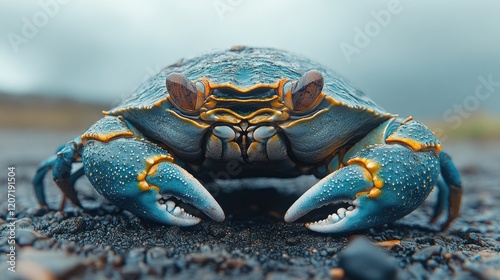 Blue crab beach ocean closeup volcanic background wildlife photo