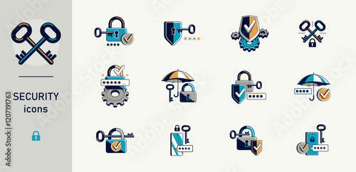 Password access, shield and padlock with key, umbrella and pin safety vector detailed icons set, security and protection.