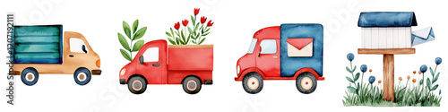 Colorful delivery trucks with plants and flowers, cheerful mailboxes, isolated on transparent background.