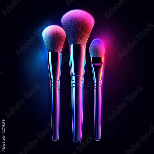 Vibrant makeup brushes with colorful bristles, perfect for applying cosmetics. These brushes feature sleek metallic handles and are ideal for achieving flawless look