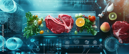 A food technology concept featuring a futuristic food neon hologram and digital display with meat products on the table in a laboratory or secret lab