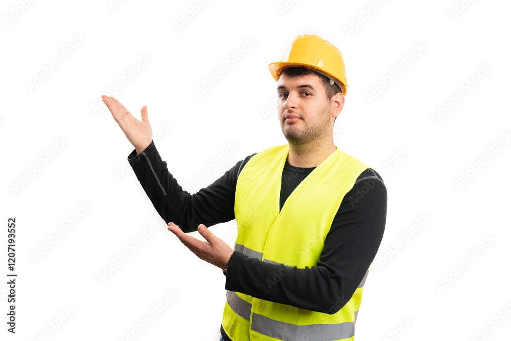 Male builder in work attire presenting blank copyspace with palms Male builder in work attire presenting blank copyspace with palms