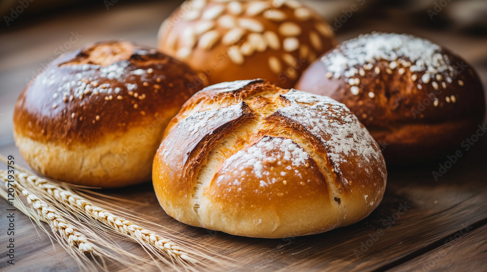 Freshly Baked Bread Rolls on a Wooden Surface