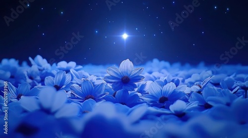 Blue flowers field, night sky, bright star, hope, background photo