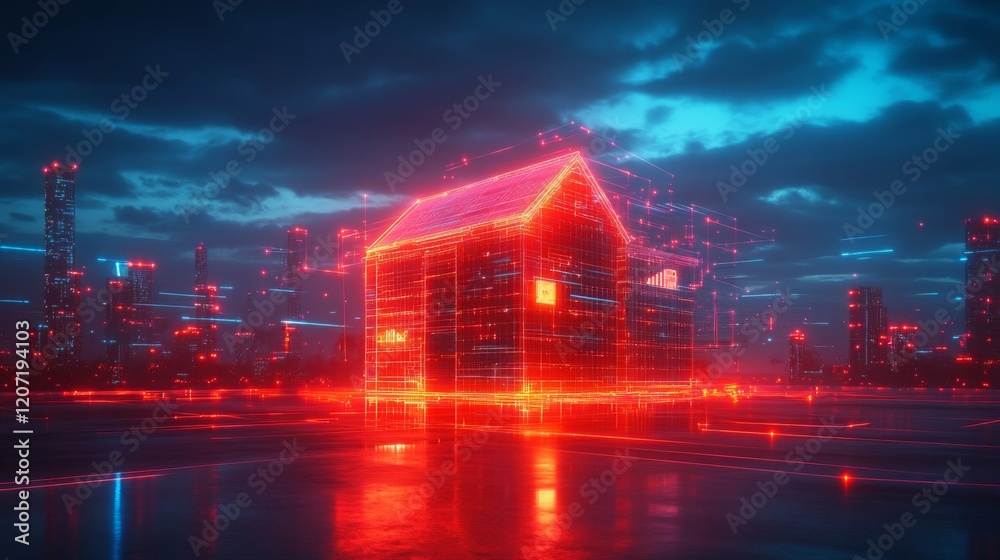 Fototapeta premium Futuristic Cityscape with Glowing Digital House at Night