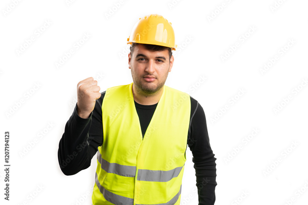 Angry construction worker showing fist as aggressive gesture Angry construction worker showing fist as aggressive gesture