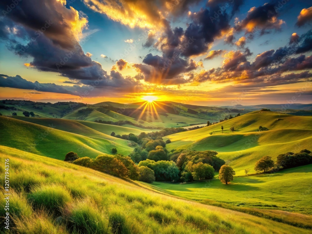 Obraz premium Serene sunset paints golden hues across lush green hills and grasslands, a breathtaking vista.