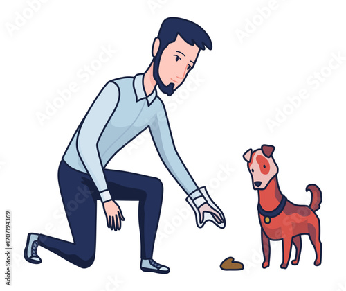 Cleaning after dog. Pet owner picking up pet waste during walk in public park. Animal responsibility of trash clean rules concept. Linear vector illustration