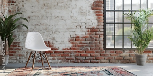  Vintage Brick Wall with Weathered Paint in Industrial Loft Setting photo