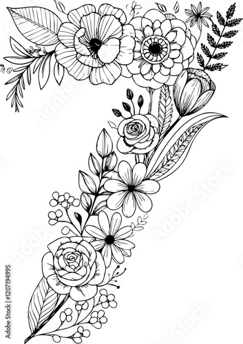 Number 7 outline art vector floral pattern drawing spring element decoration svg file